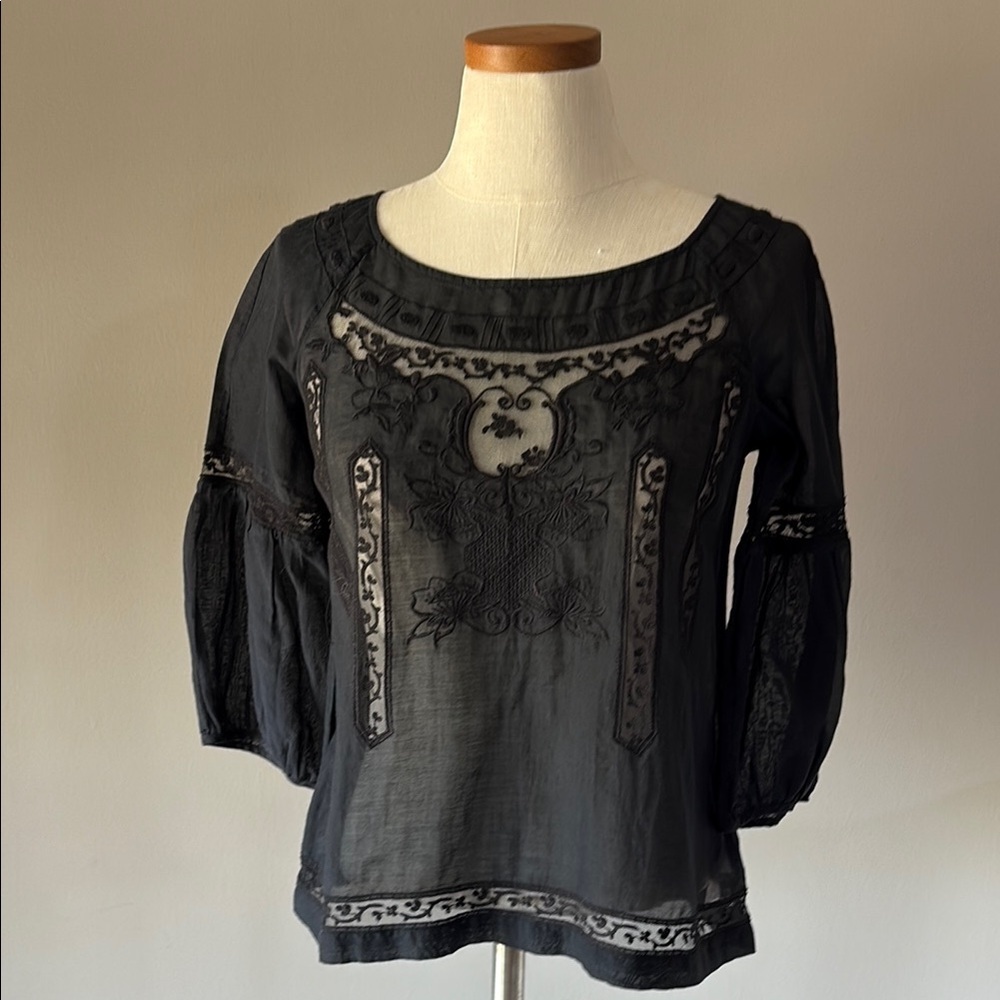 Theory Black sheer Embroidered Blouse top Balloon Sleeves wide round neck silk S
